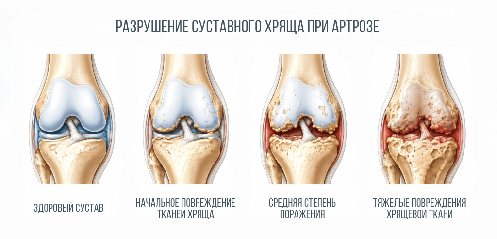 Разрушение суставного хряща при артрозе Разрушение суставного хряща при артрозе